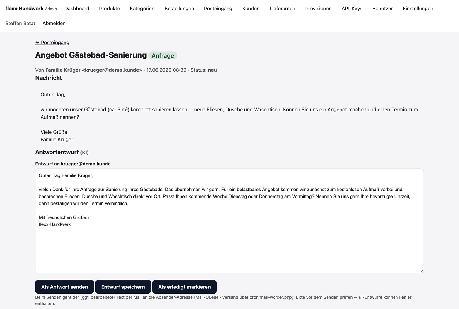 flexx·Handwerk Antwortentwurf: Kundenanfrage mit anpassbarer, fertiger Antwort-E-Mail zum Senden