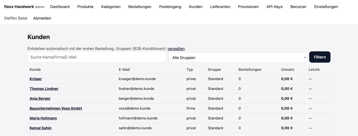 flexx·Handwerk Kundenliste: Privat- und Firmenkunden mit Umsatz und Historie