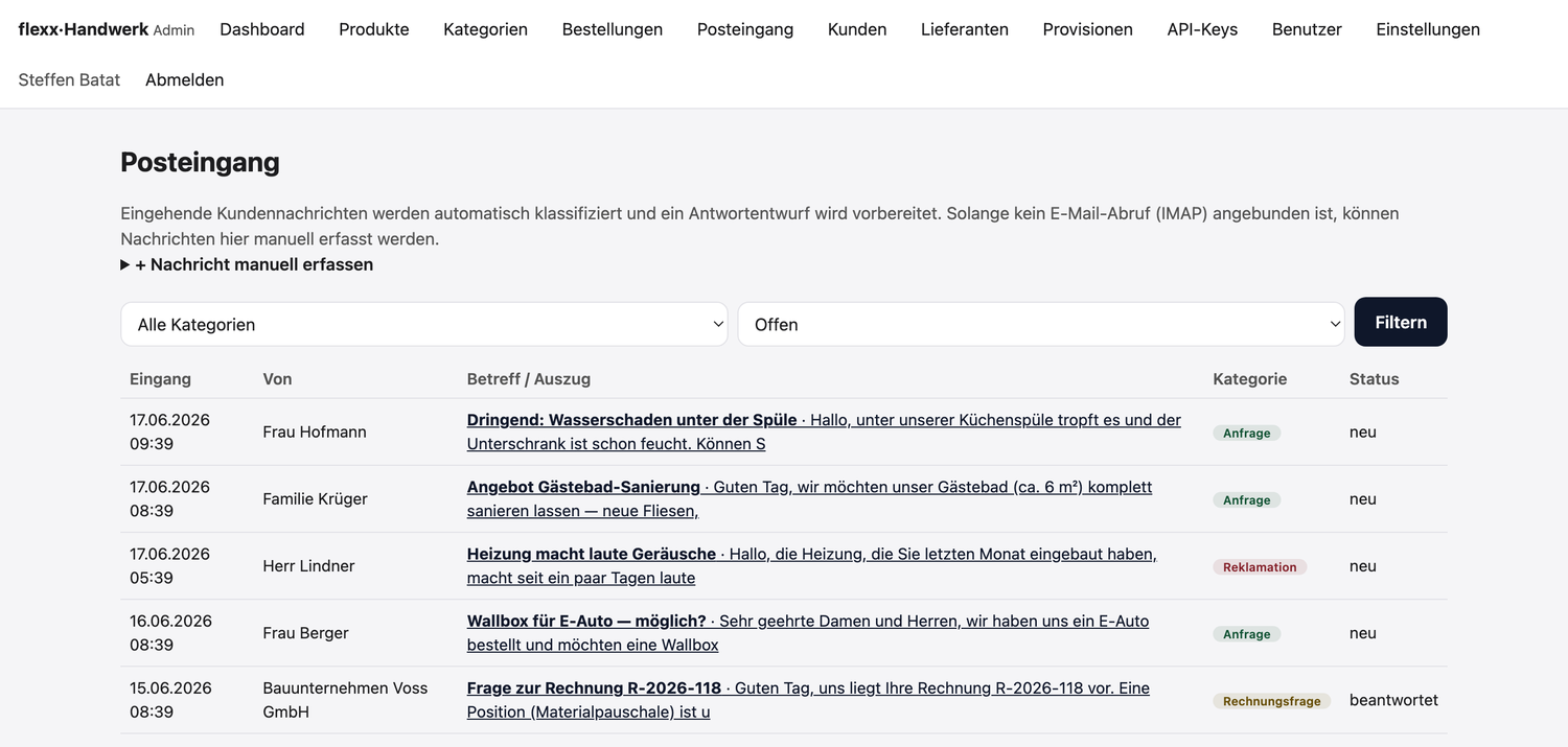 flexx·Handwerk Posteingang: eingehende Kundenanfragen automatisch kategorisiert (Anfrage, Reklamation, Rechnungsfrage)
